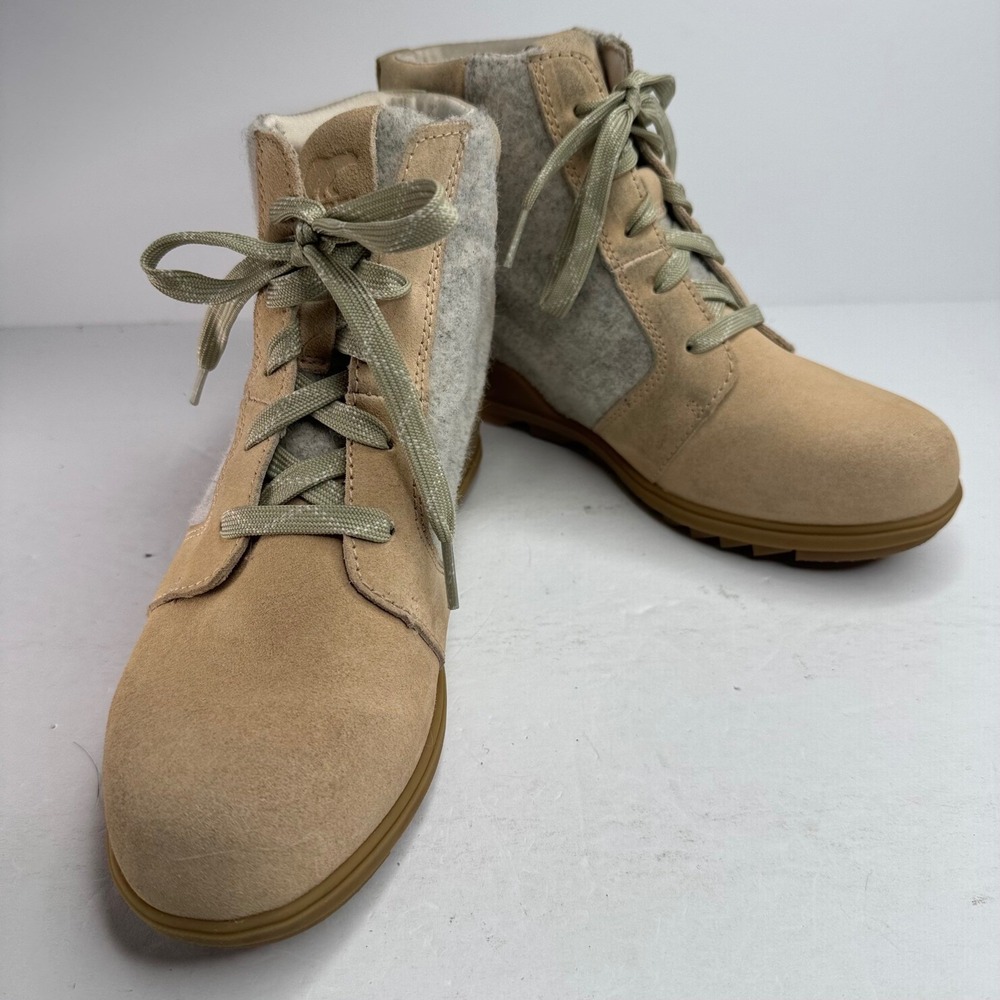 Sorel Evie II Lace Tan Suede Grey Felt Wedge Ankle Boots NL4926-209 Womens 8.5 - Picture 7 of 8